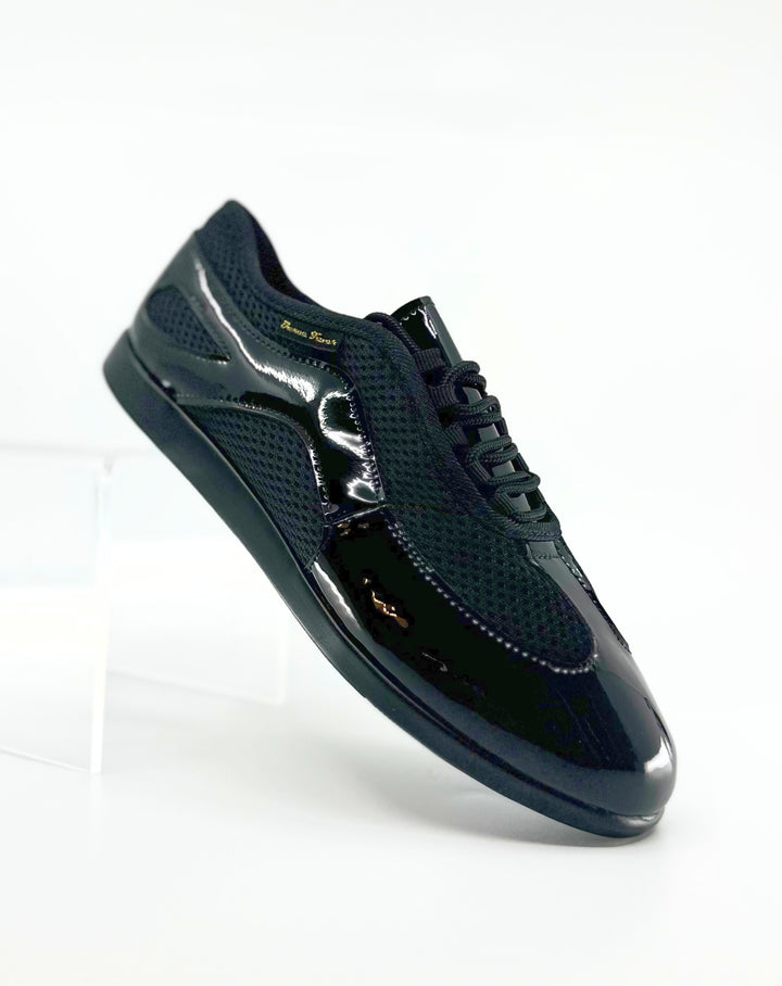 Premium Men's Dance Sneaker With Raised Duo Pivot Spin Spot In Black Patent And Micro Netting