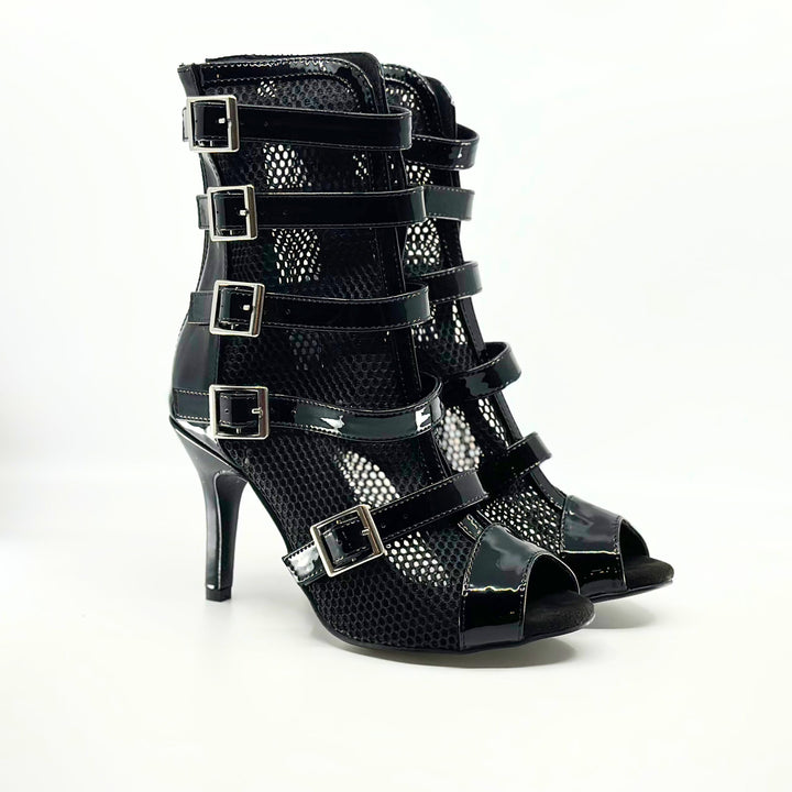 Premium Black Patent and Mesh Ladies Commercial Dance Boots In 3.3 Inch Stiletto Heel