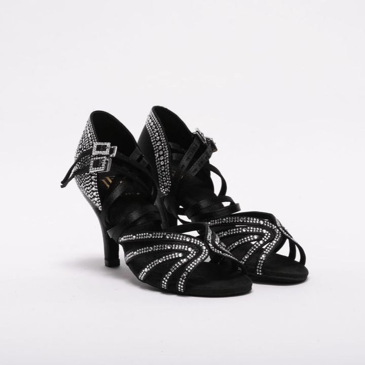 Premium black latin dance sandal with rhinestone in 3inch stiletto heel