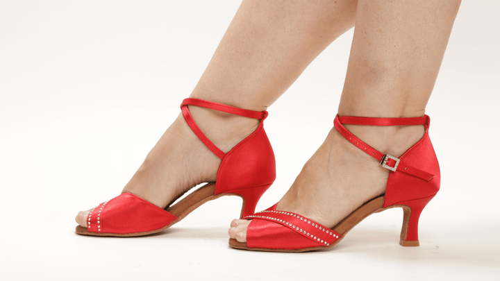 Premium Red Satin Dance Sandal in 2.25 inch flared heel with ankle strap and diamanté