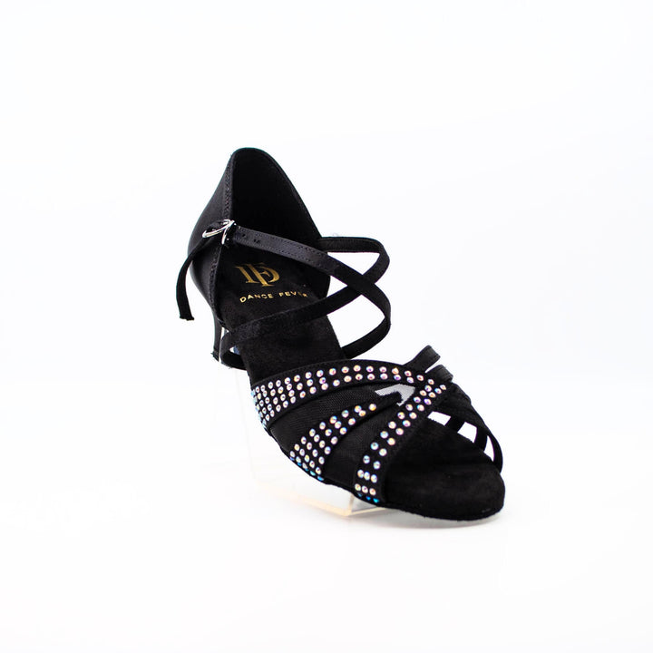 Premium Latin Dance Sandal In Black Lace And Satin In 1.5 Inch Junior heel