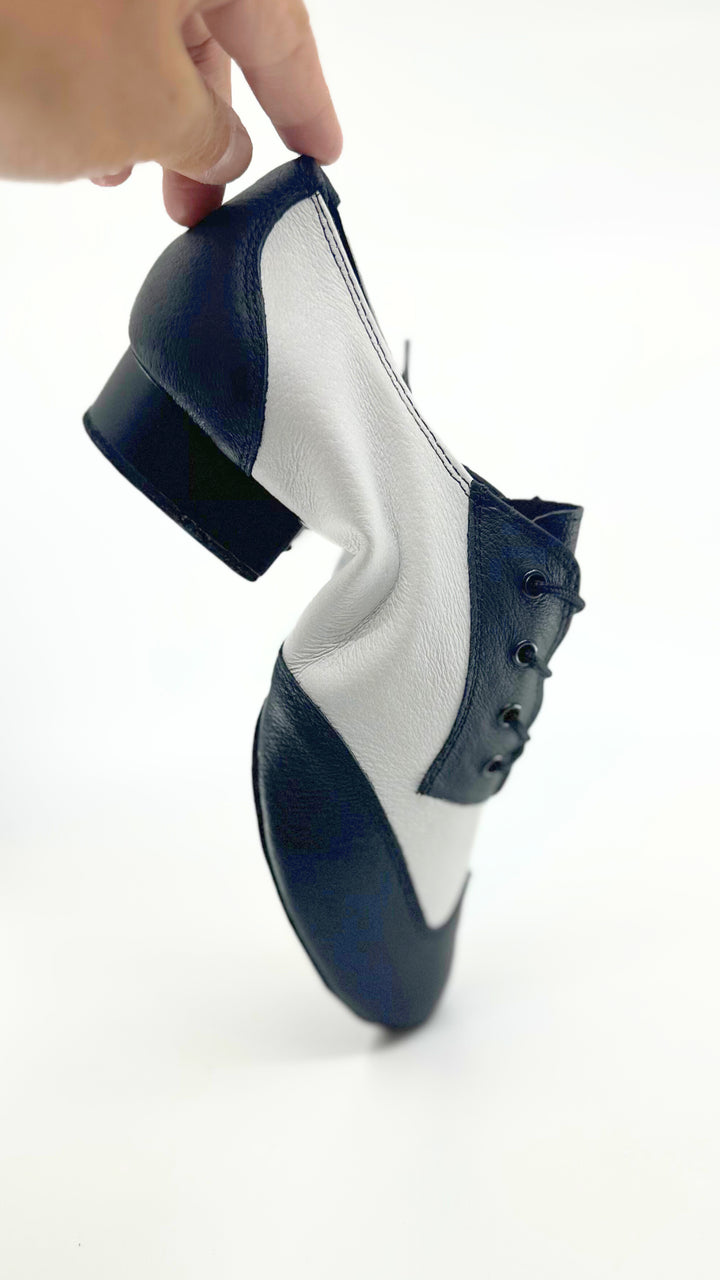 Premium men's split sole high performance dance shoes in black and white leather 