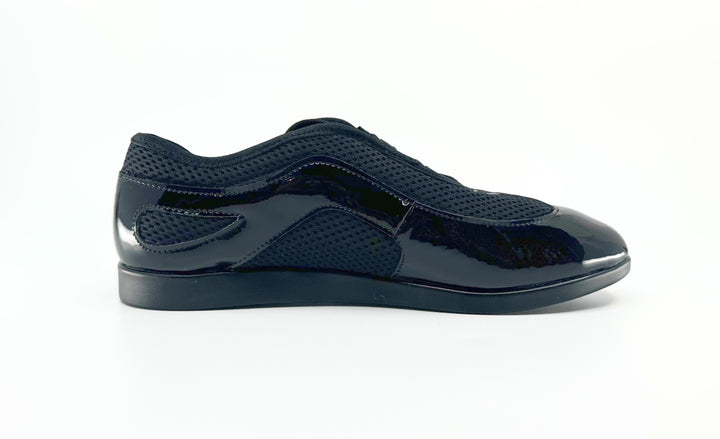 Premium Men's Dance Sneaker With Raised Duo Pivot Spin Spot In Black Patent And Micro Netting