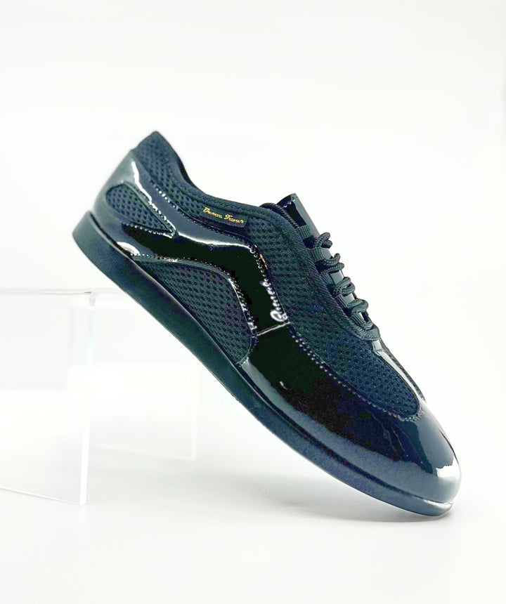 Premium Ladies Raised Duo Pivot Spin Spots Dance Sneaker In Black Patent And Micro Netting