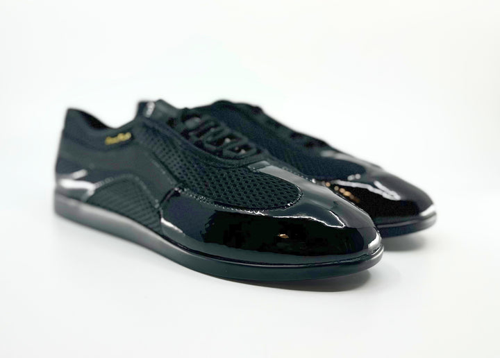 Premium Ladies Raised Duo Pivot Spin Spots Dance Sneaker In Black Patent And Micro Netting