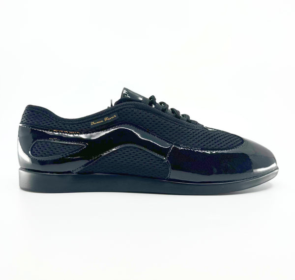 Premium Ladies Raised Duo Pivot Spin Spots Dance Sneaker In Black Patent And Micro Netting