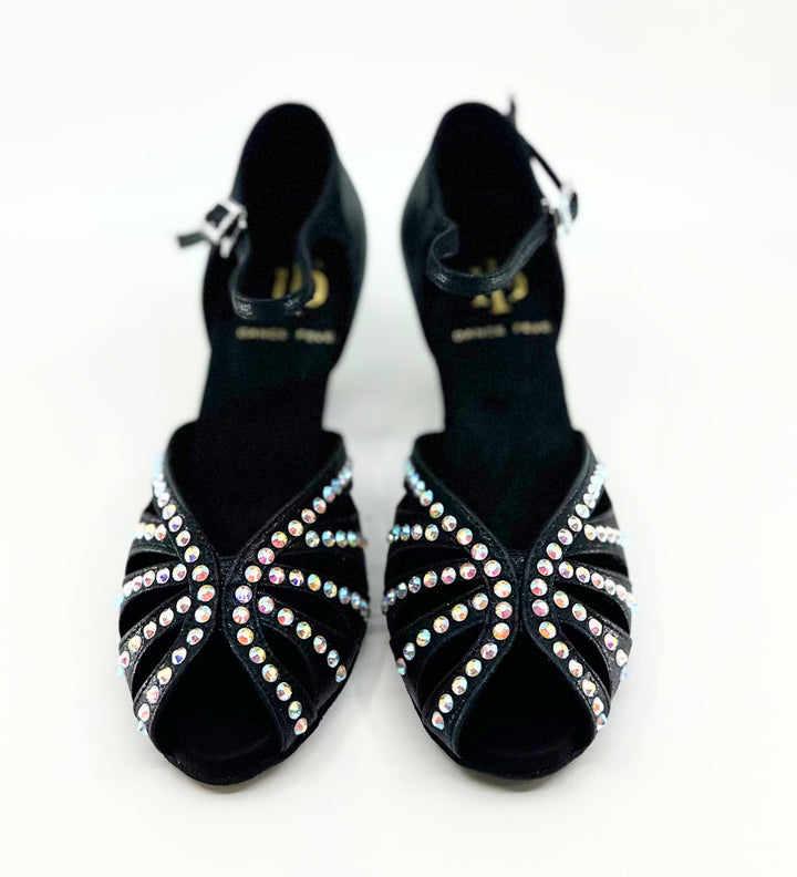 Premium ladies high performance dance sandal in shimmer black satin with ab rhinestone in 2.25 inch flared heel 