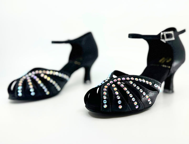 Premium ladies high performance dance sandal in shimmer black satin with ab rhinestone in 2.25 inch flared heel 