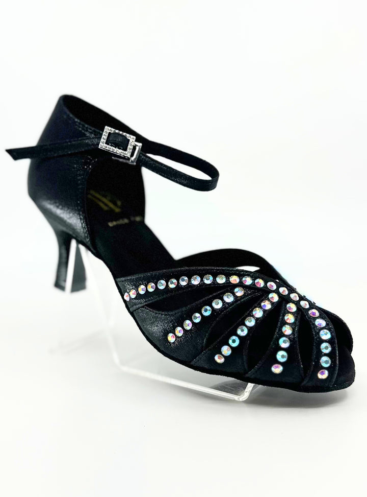 Premium ladies high performance dance sandal in shimmer black satin with ab rhinestone in 2.25 inch flared heel 