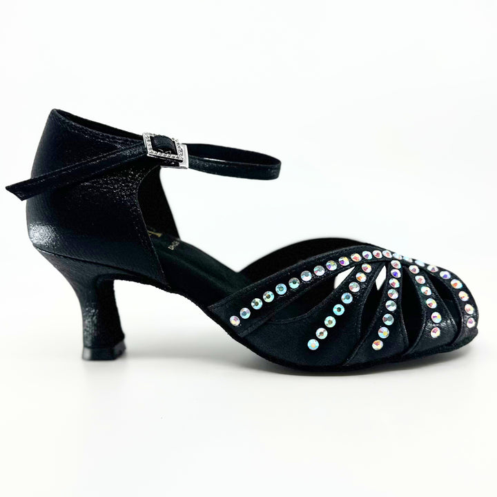 Premium ladies high performance dance sandal in shimmer black satin with ab rhinestone in 2.25 inch flared heel 