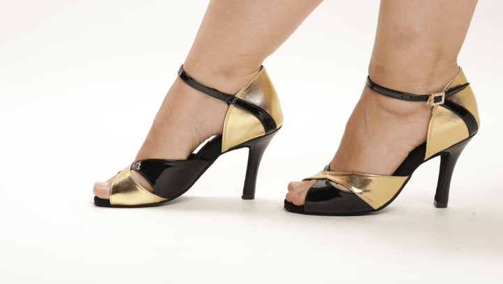 Premium Latin Dance Heels In Gold And Black Patent With 3.5 inch Stiletto