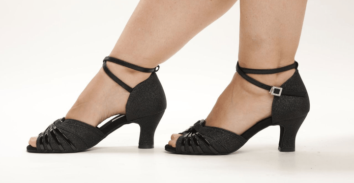 Premium Black Sparkle Latin Dance Sandal In 2.25 Inch Spanish Heel With Ankle Strap