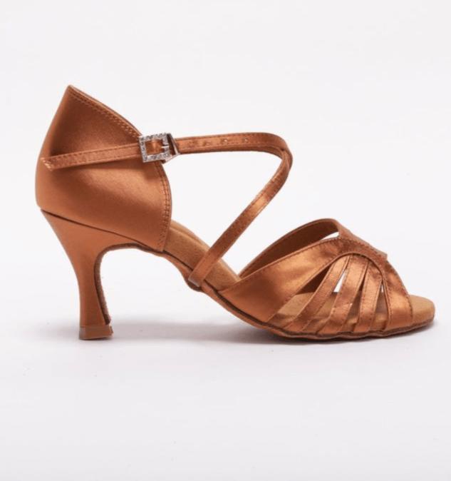 Premium Latin Dance Sandal In Dark Tan With 2.5 Inch Slim Flared Heel