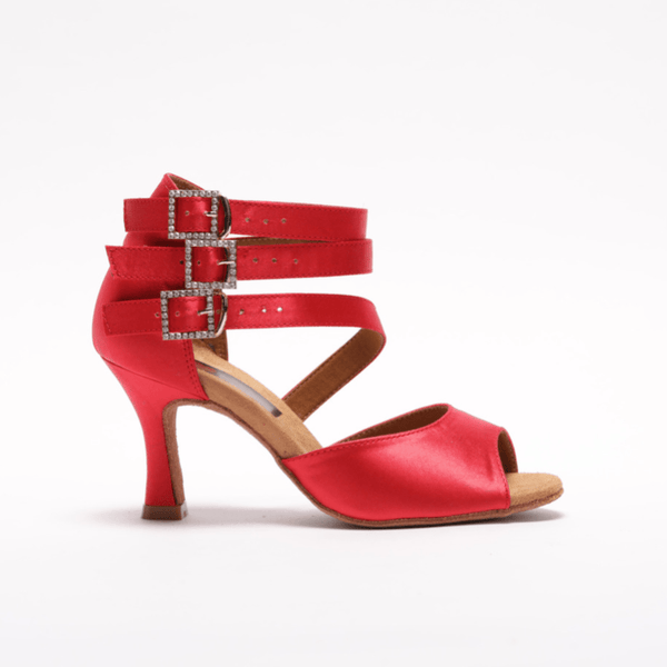 Premium Latin Dance Sandal In Red Satin With 3 Inch Flared Heel