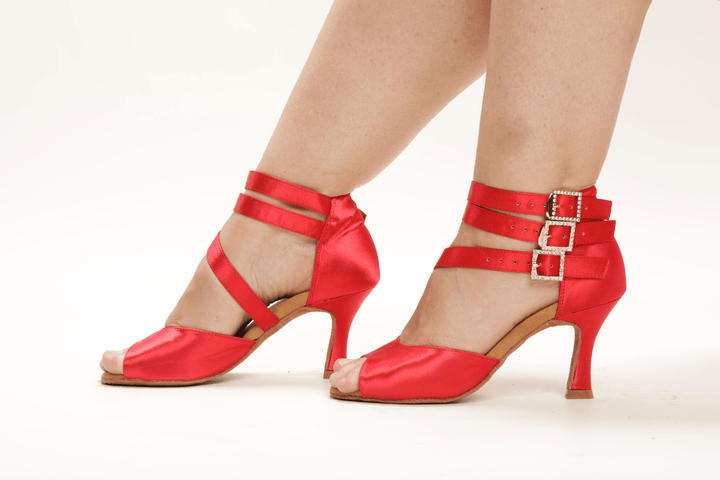 Premium Latin Dance Sandal In Red Satin With 3 Inch Flared Heel