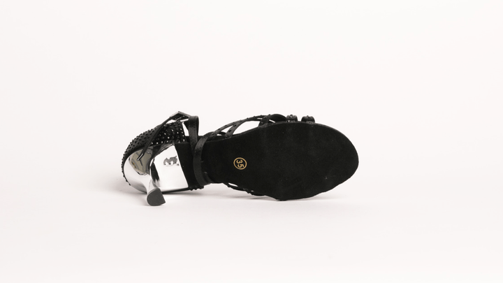 Premium Latin Dance Sandal In Black Satin With Black Rhinestones In 3.3Inches Stiletto Heels