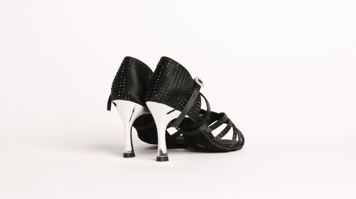 Premium Latin Dance Sandal In Black Satin With Black Rhinestones In 3.3Inches Stiletto Heels