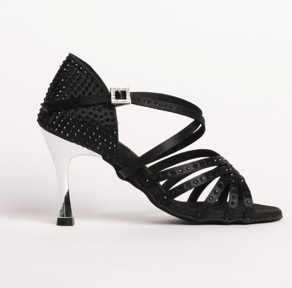 Premium Latin Dance Sandal In Black Satin With Black Rhinestones In 3.3Inches Stiletto Heels