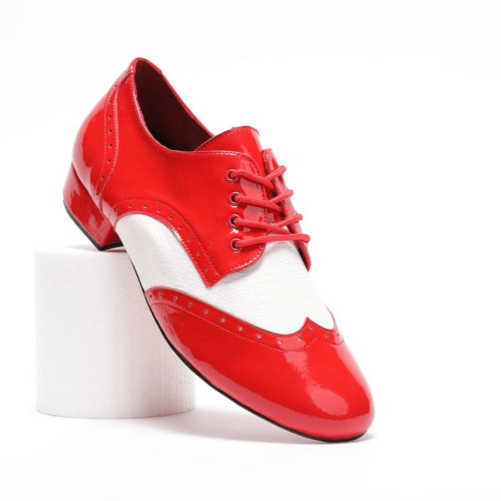 Premium men's brogue wingtip leather sole dance shoes in red patent with black leather