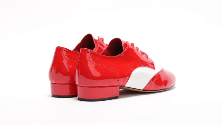Premium men's brogue wingtip leather sole dance shoes in red patent with black leather