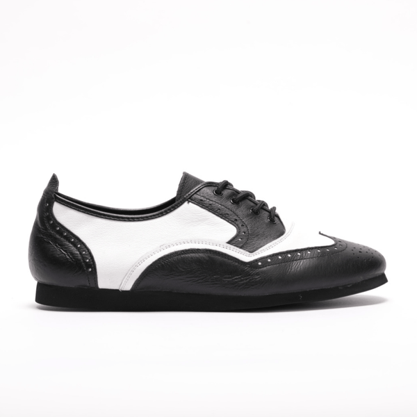 Premium Men's Brogue wingtip dance sneaker in black and white leather with smooth rubber sole 