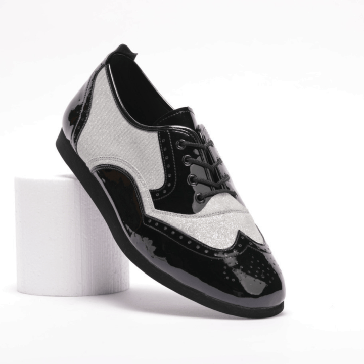 Premium men's brogue wingtip dance sneaker in black patent and silver sparkle in smooth rubber sole