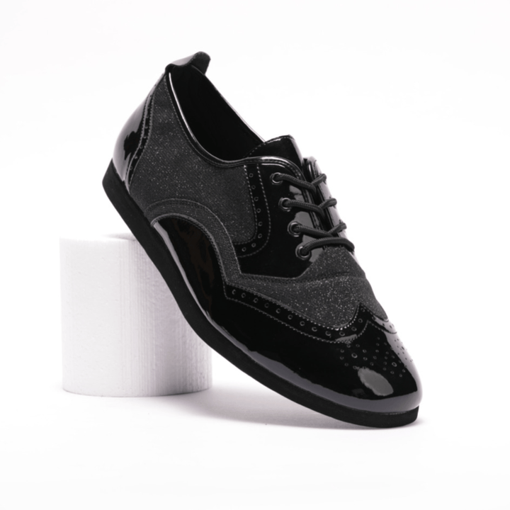 Premium men's brogue wingtip dance sneaker with black patent and black sparkle in smooth rubber sole