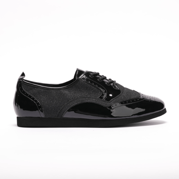 Premium men's brogue wingtip dance sneaker with black patent and black sparkle in smooth rubber sole 