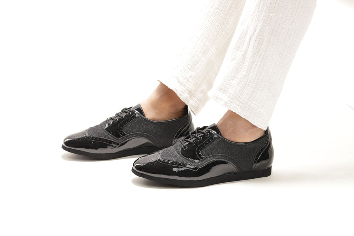 Premium men's brogue wingtip dance sneaker with black patent and black sparkle in smooth rubber sole