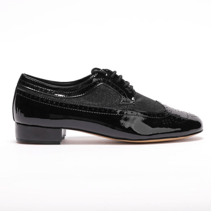 Premium men's brogue wingtip leather sole dance shoes in black patent and black sparkle