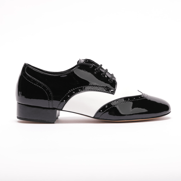 Premium men's brogue wingtip leather sole dance shoes in black patent and white leather