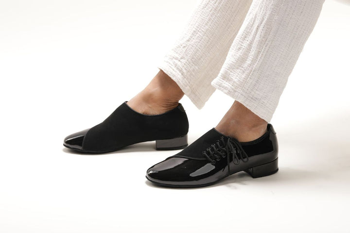 Premium men's high performance dance sport ballroom shoes with black patent and nubuck