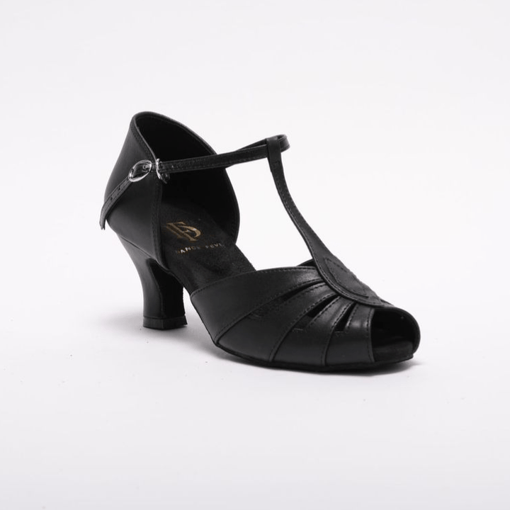Premium Vegan Latin Peep Toe Dance Sandal In Black With 2.25 Inch Spanish Heel
