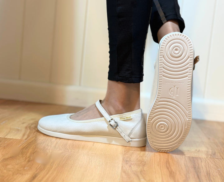 Premium women dance flat in white leather with raised dual pivot point spin spots outsole