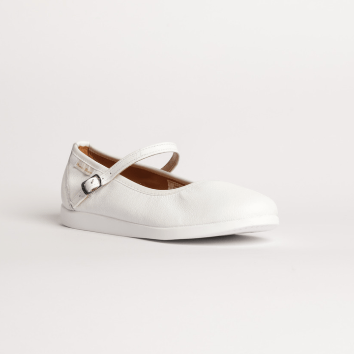 Premium women dance flat in white leather with raised dual pivot point spin spots outsole