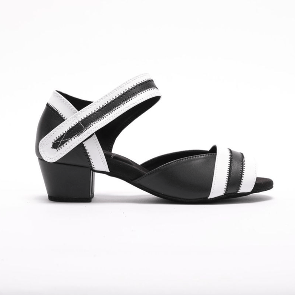 Premium women's black and white Vegan leather velcro strap dance sandal in 1.5 inch cuban heel