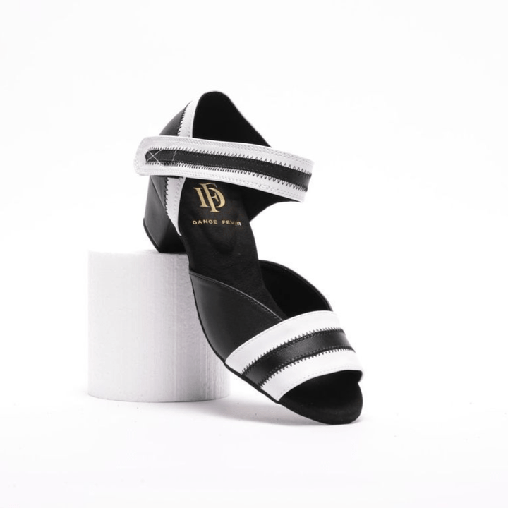 Premium women's black and white Vegan leather velcro strap dance sandal in 1.5 inch cuban heel