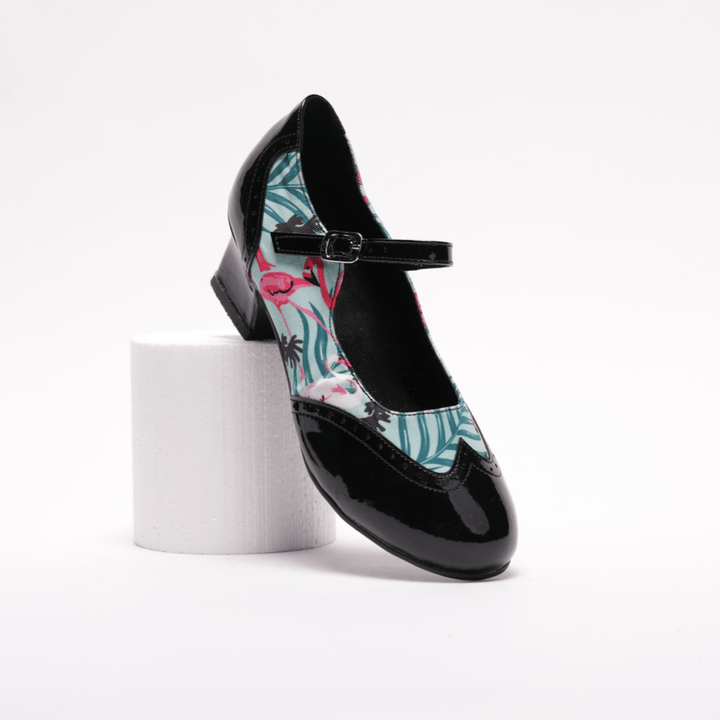Premium women's brogue wingtip rock and roll dance shoes in black patent with flamingo in 1.7 inch resin sole