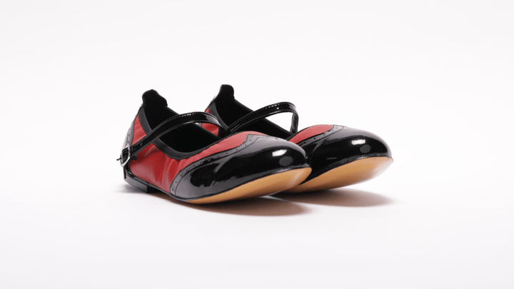 Premium Women's Mary Jane rock and roll dance flats in black patent and red leather with genuine leather sole