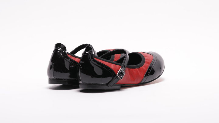 Premium Women's Mary Jane rock and roll dance flats in black patent and red leather with genuine leather sole