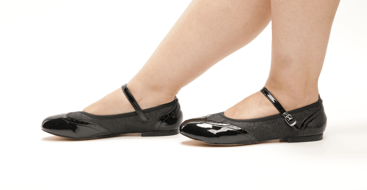 Premium women's Mary Jane rock and roll dance flats in black patent with black sparkle with genuine leather sole