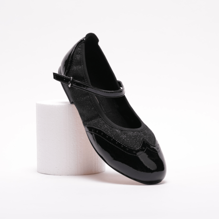 Premium women's Mary Jane rock and roll dance flats in black patent with black sparkle with genuine leather sole