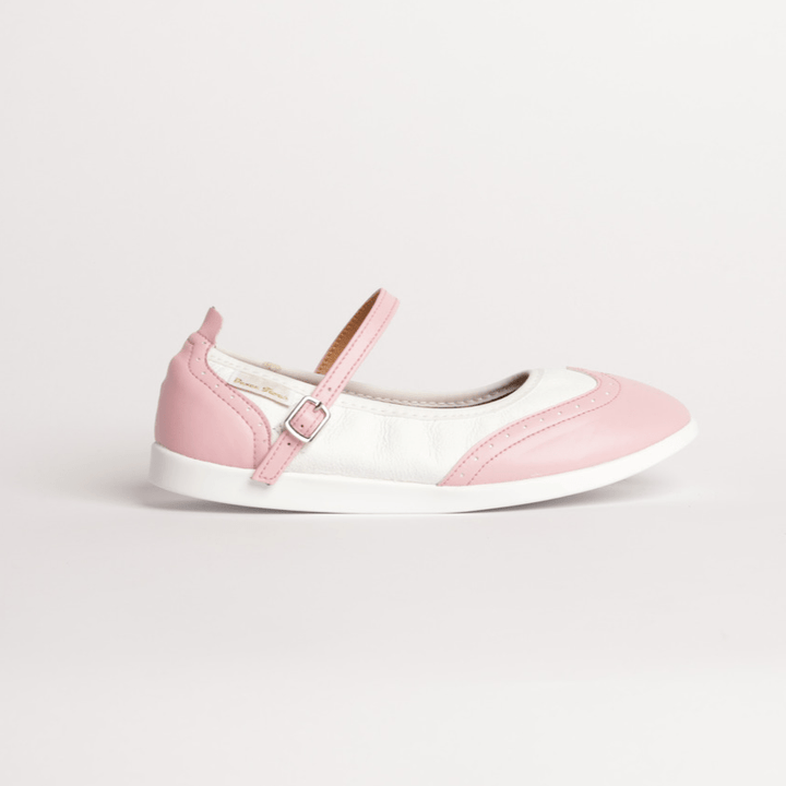 Premium women's rock and roll dance shoes in pink and white leather wingtip design with raised dual spin spots smooth outsole