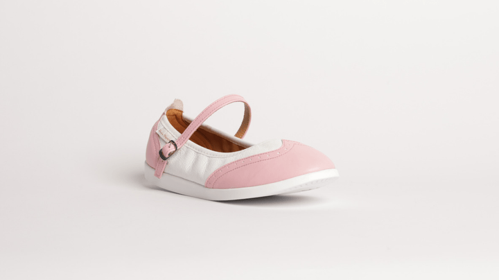 Premium women's rock and roll dance shoes in pink and white leather wingtip design with raised dual spin spots smooth outsole