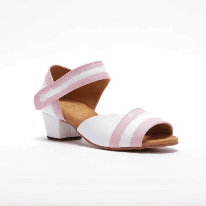Premium women's vegan leather pink and white dance sandal in 1.5 inch cuban heel with velcro strap