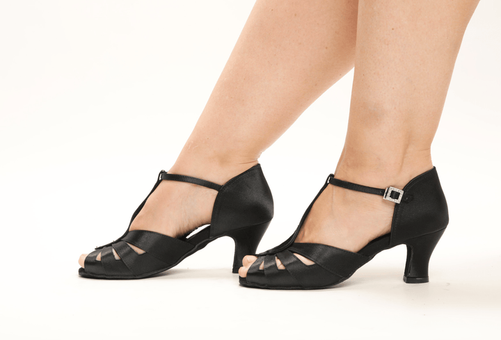Black Peep Toe Latin Dance Sandal In 2.25 Inch Flared Heel