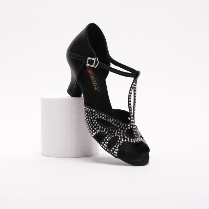 Premium Latin Dance Sandals In shimmer Black Satin With Rhinestone In 2.25 inch Spanish Heel