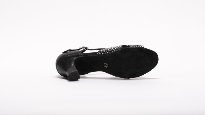 Premium Latin Dance Sandals In shimmer Black Satin With Rhinestone In 2.25 inch Spanish Heel