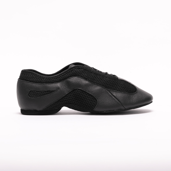 Unisex split sole practice dance flat in black leather and mesh 