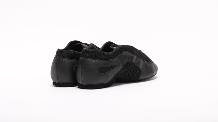 Unisex split sole practice dance flat in black leather and mesh